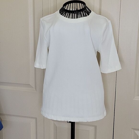 DIANE VON FURSTENBERG White Ribbed Crewneck Tee Size Large NWT - Picture 9 of 9